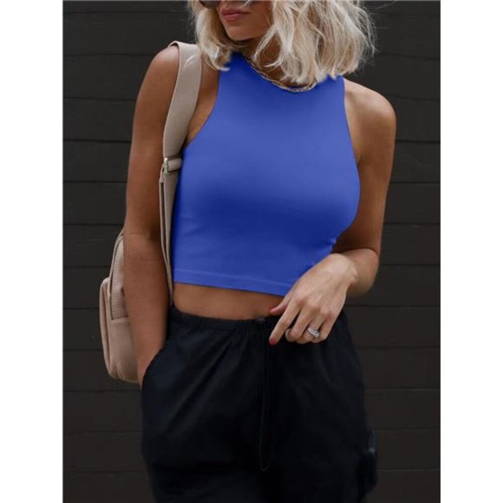 Women's Double Lined Crop Tank Tops Casual Basic Shirts Sleeveless Blue - Picture 4 of 6